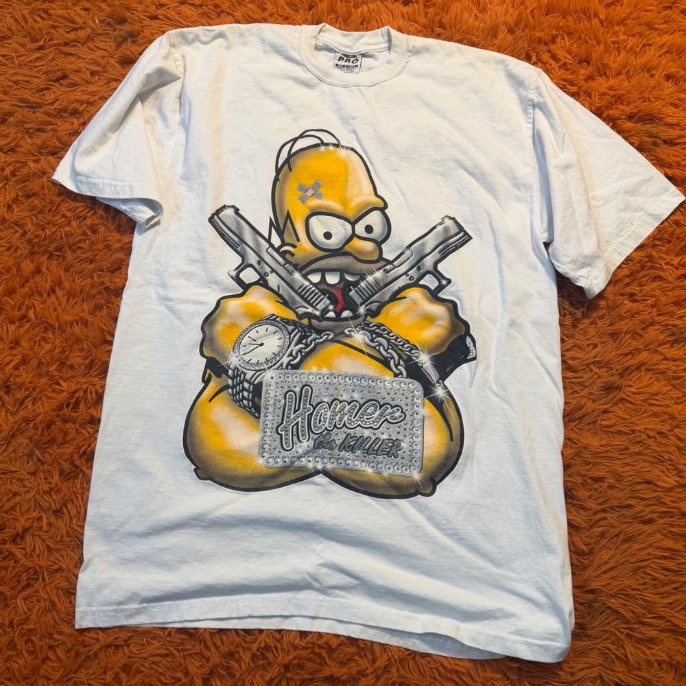 Vintage Hiphop Homer The Killer Graphic White Tall White Big 2XL Rhinestone